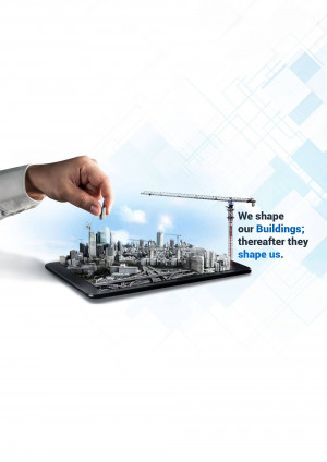 Hand holding a tablet with a miniature city and construction crane