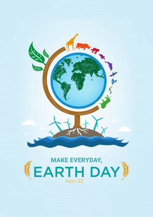 Illustration of Earth with animals and plants, promoting Earth Day