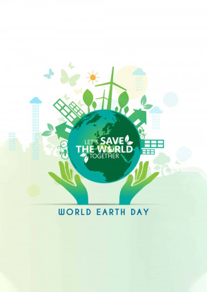 Illustration of a globe held in hands with green eco-friendly elements, promoting World Earth Day.