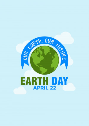 Illustration of Earth with a ribbon and text 'Earth Day April 22'