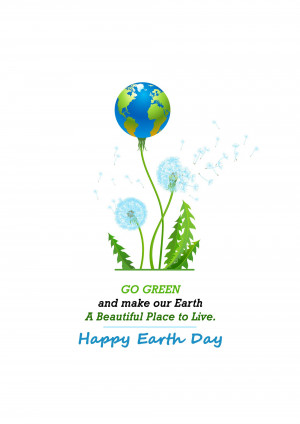 Illustration of a globe as a dandelion with the text 'Go Green' and 'Happy Earth Day'
