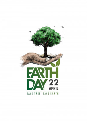 Illustration of hands holding a tree with Earth Day text