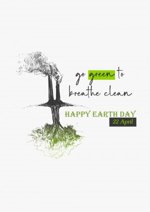 Illustration of trees with smoke and text promoting environmental awareness for Earth Day.
