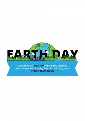 Earth Day graphic with globe, cityscape, and text