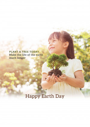 A young girl holding a small tree, with text promoting Earth Day and tree planting.