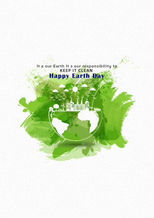 Earth Day graphic with a green watercolor background and a globe surrounded by nature.