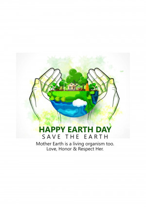 Hands holding a miniature Earth with trees and a house, with the text 'Happy Earth Day - Save the Earth'