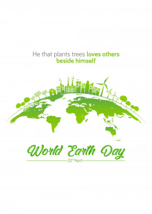 World Earth Day graphic with a green cityscape and globe