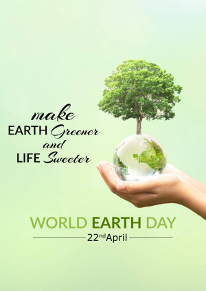 Hands holding a globe with a tree growing out of it, promoting Earth Day