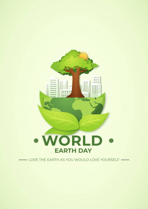 Illustration of a tree growing on a globe with a city skyline, celebrating World Earth Day.