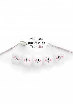 Cute teeth with faces and dental tools on a white background