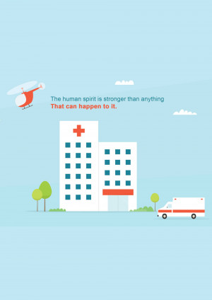 Illustration of a hospital with a helicopter and ambulance, with text about the human spirit.