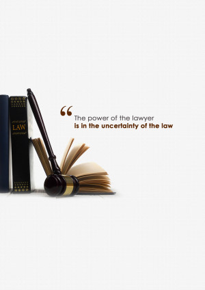 Law books, gavel, and pen with a quote about the power of a lawyer