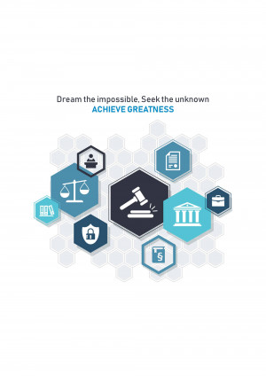 Hexagonal graphic representing legal and business concepts with icons for law, finance, and success.