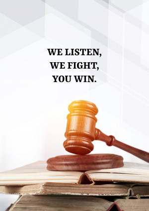 Gavel resting on law books with text 'We Listen, We Fight, You Win.'