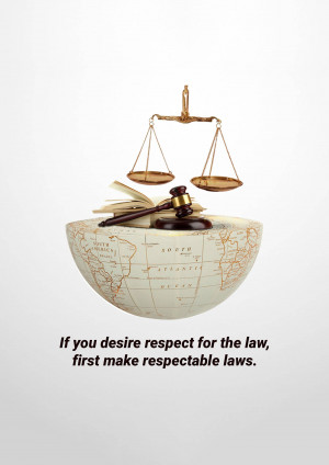 Scales of justice, gavel, and globe representing law and global justice.