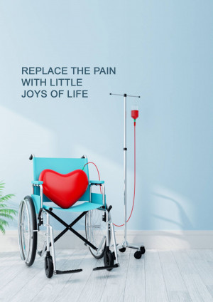 A wheelchair with a red heart-shaped pillow and an IV drip, symbolizing finding joy during health challenges.