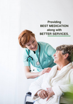 A smiling nurse comforts an elderly patient in a wheelchair.