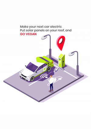 Isometric illustration of an electric car charging at a charging station powered by solar panels on a rooftop.
