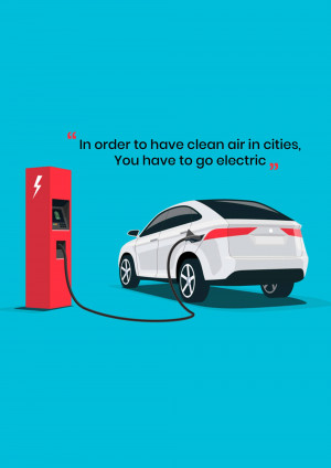 Electric car charging at a charging station with a quote about clean air.