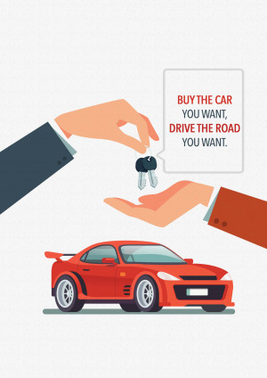 Illustration of hands exchanging car keys with a red sports car below and text 'Buy the car you want, drive the road you want'.