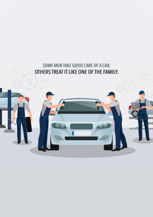 Illustration of mechanics working on a car, emphasizing car care.