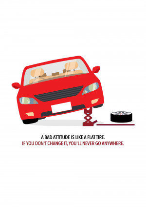 Illustration of a red car with a flat tire and a jack, accompanied by motivational text.