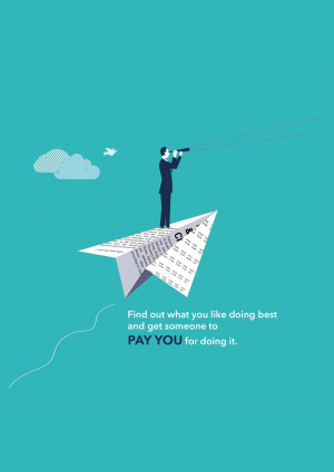 Man looking through a telescope on a paper airplane