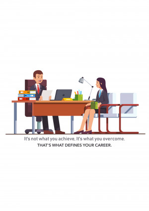 Illustration of a job interview with a man and a woman in an office setting.