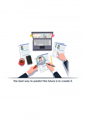 Overhead view of a desk with a laptop, resumes, a magnifying glass, and hands reviewing documents.