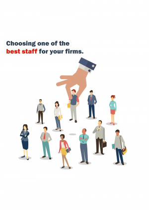 Illustration of a hand selecting a person from a group of professionals.