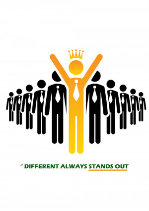 Illustration of a yellow figure with a crown standing out from a line of black figures.