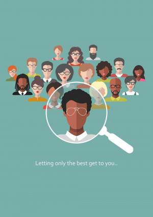 Illustration of diverse group of people with a magnifying glass focusing on one individual.