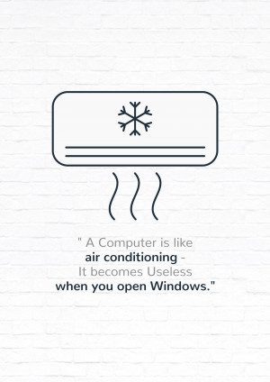 Illustration of an air conditioner with a humorous quote about computers and Windows.