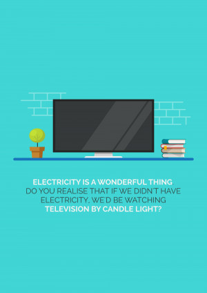 Illustration of a TV, plant, and books with a quote about electricity