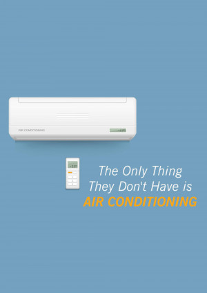 A white air conditioning unit mounted on a blue wall with a remote control below it and text promoting air conditioning.