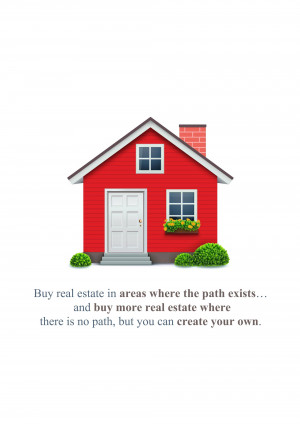Illustration of a red house with green bushes and a white trim, accompanied by text about real estate investment.