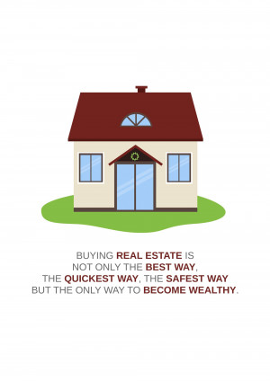Cartoon illustration of a house with text promoting real estate investment.