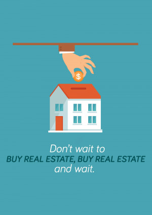 Illustration of a hand dropping a coin into a house-shaped piggy bank with text encouraging real estate investment.