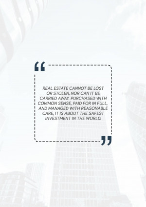 Quote about the safety and reliability of real estate investments with a skyscraper background.