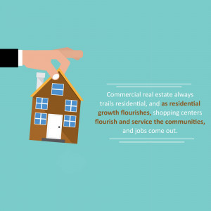 Hand holding a house icon over a teal background with text about real estate and community development.