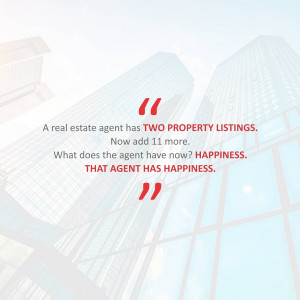 Quote about real estate agent success and happiness with a city skyline background.