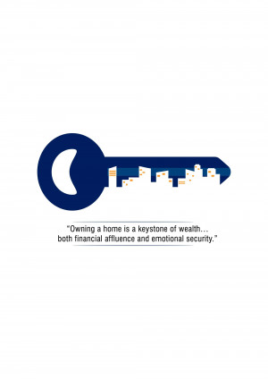 A key silhouette filled with a cityscape, representing homeownership and financial security.