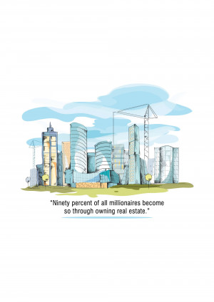 Illustration of a city skyline with construction cranes and text about real estate and wealth.
