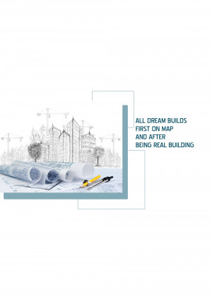 Blueprint with construction sketches and tools, representing architectural planning and building.