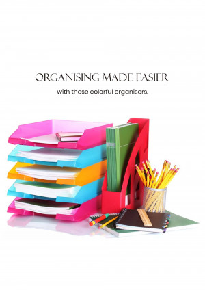 Stack of colorful desk organizers with office supplies