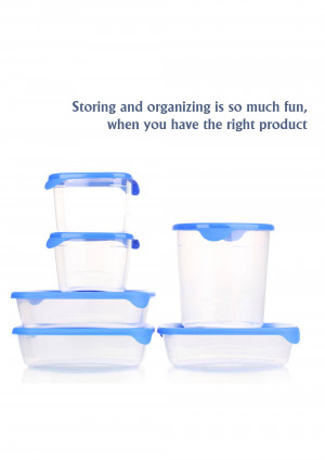 Stack of clear plastic food storage containers with blue lids