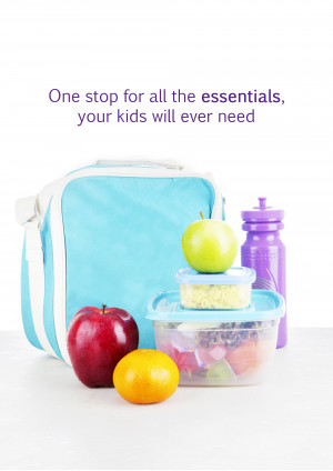 A blue lunch bag with healthy snacks for kids