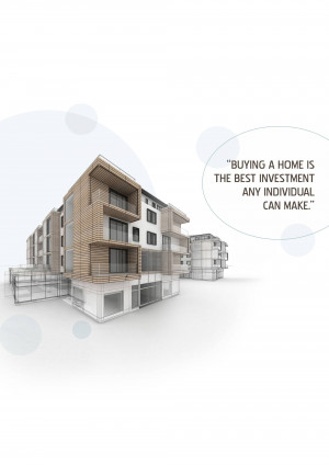 Architectural rendering of a modern apartment building with a quote about homeownership.