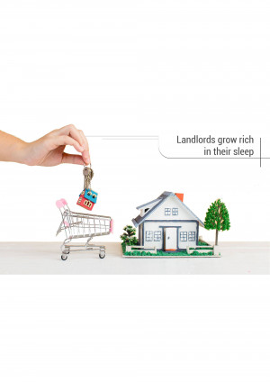 Miniature house and shopping cart with a key, representing real estate investment and passive income.
